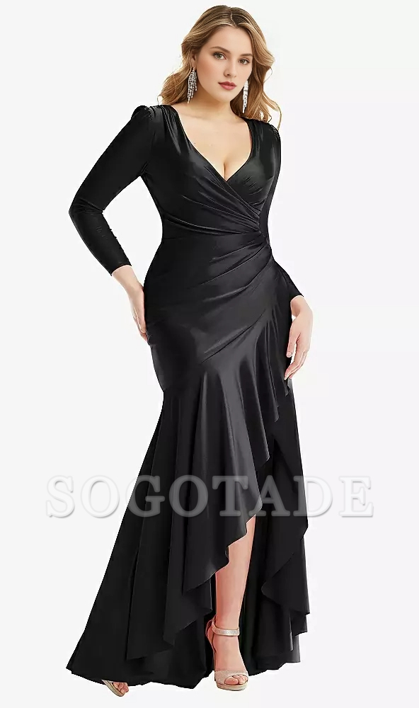 Long sleeved pleated wrap with ruffled edges high and low  satin Prom dress