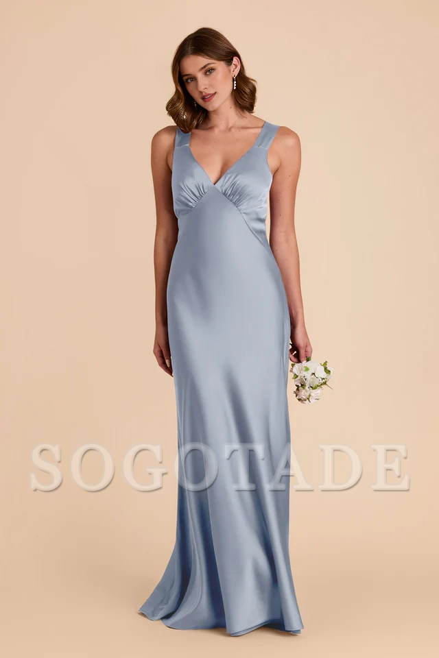 A-line skirt with crossed back and deep V-shaped matte satin bridesmaid dress