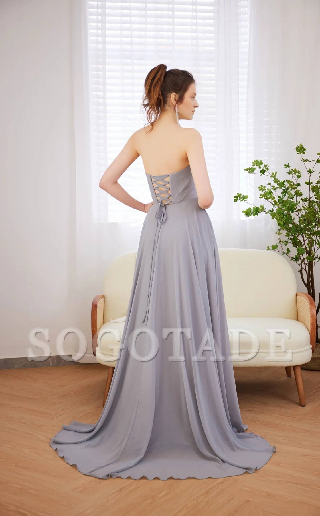 A-line heart-shaped neckline without shoulder straps and floor length evening dress-SOGOTADE