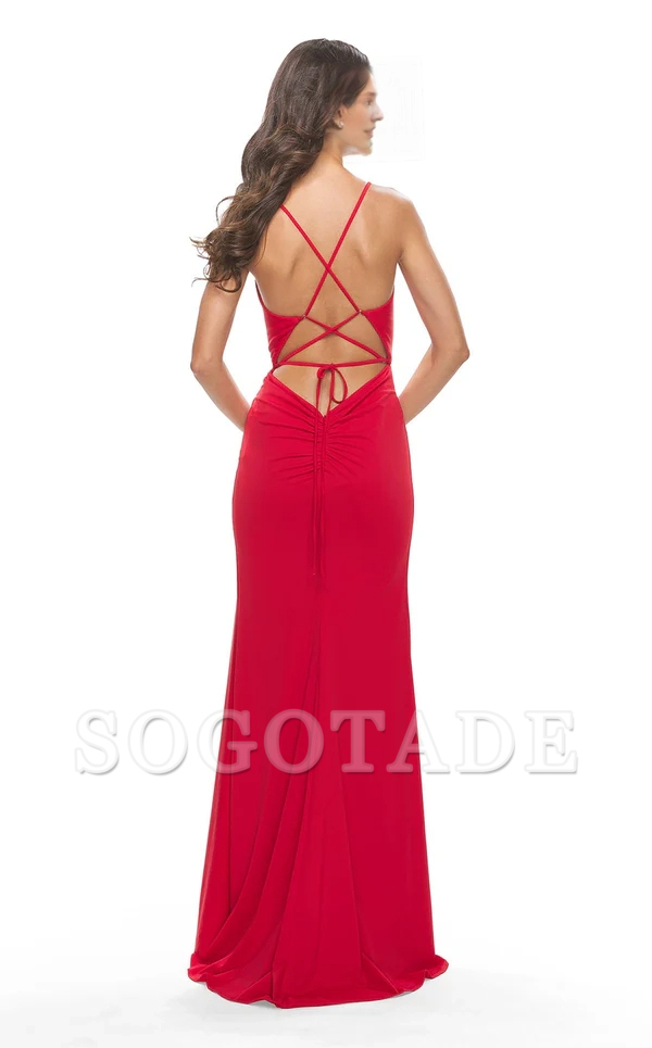 Thin shoulder strap deep V-neck sleeveless side slit and floor length Prom dress