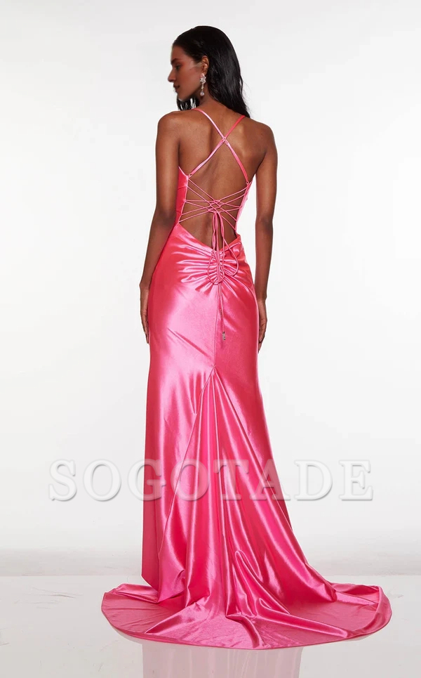 Thin shoulder strap V-neck satin backless high slit and floor length Prom dress