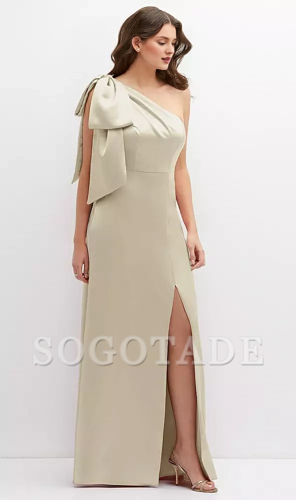 Unique oversized shoulder bow one shoulder satin long Prom dress