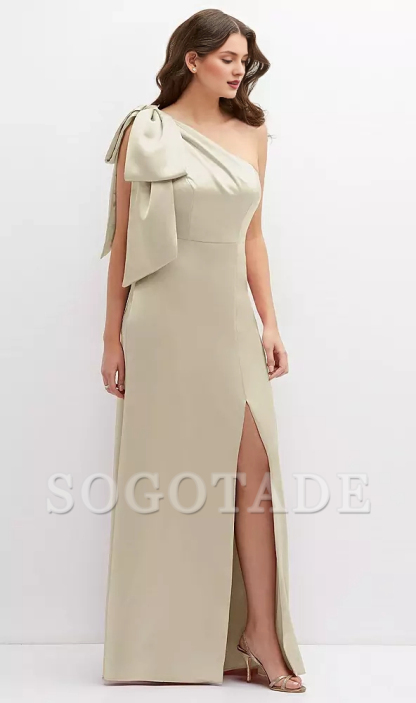 Unique oversized shoulder bow one shoulder satin long Prom dress