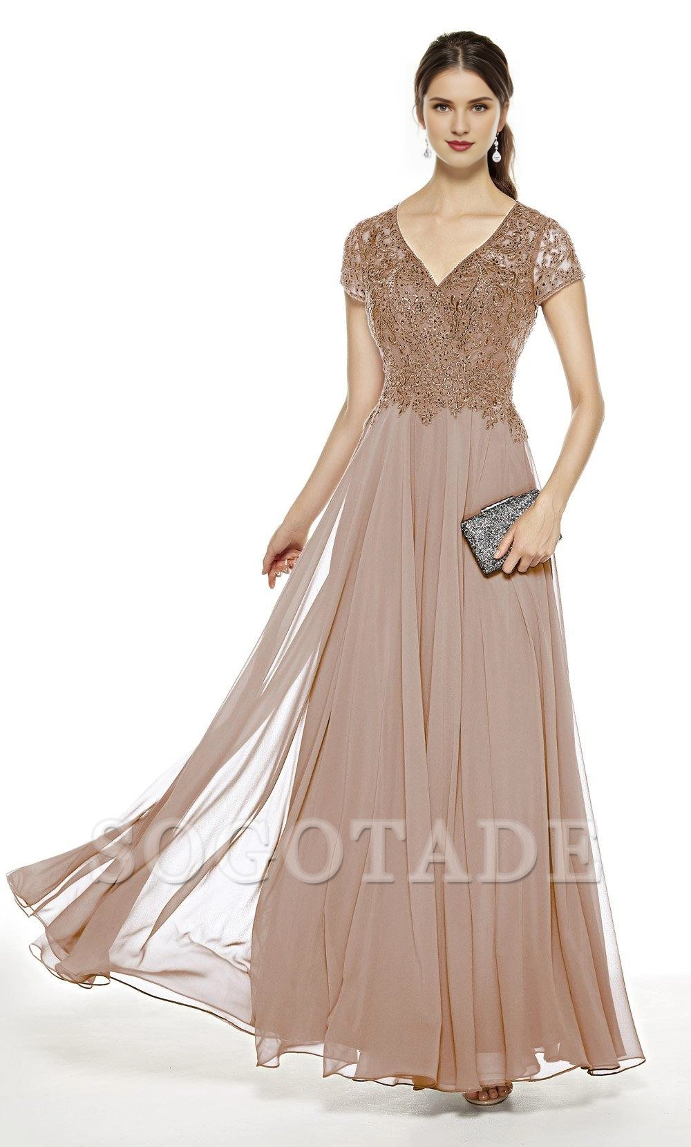 V-neck chiffon flowing lace top short sleeved formal long cut mothers of the bride dresses