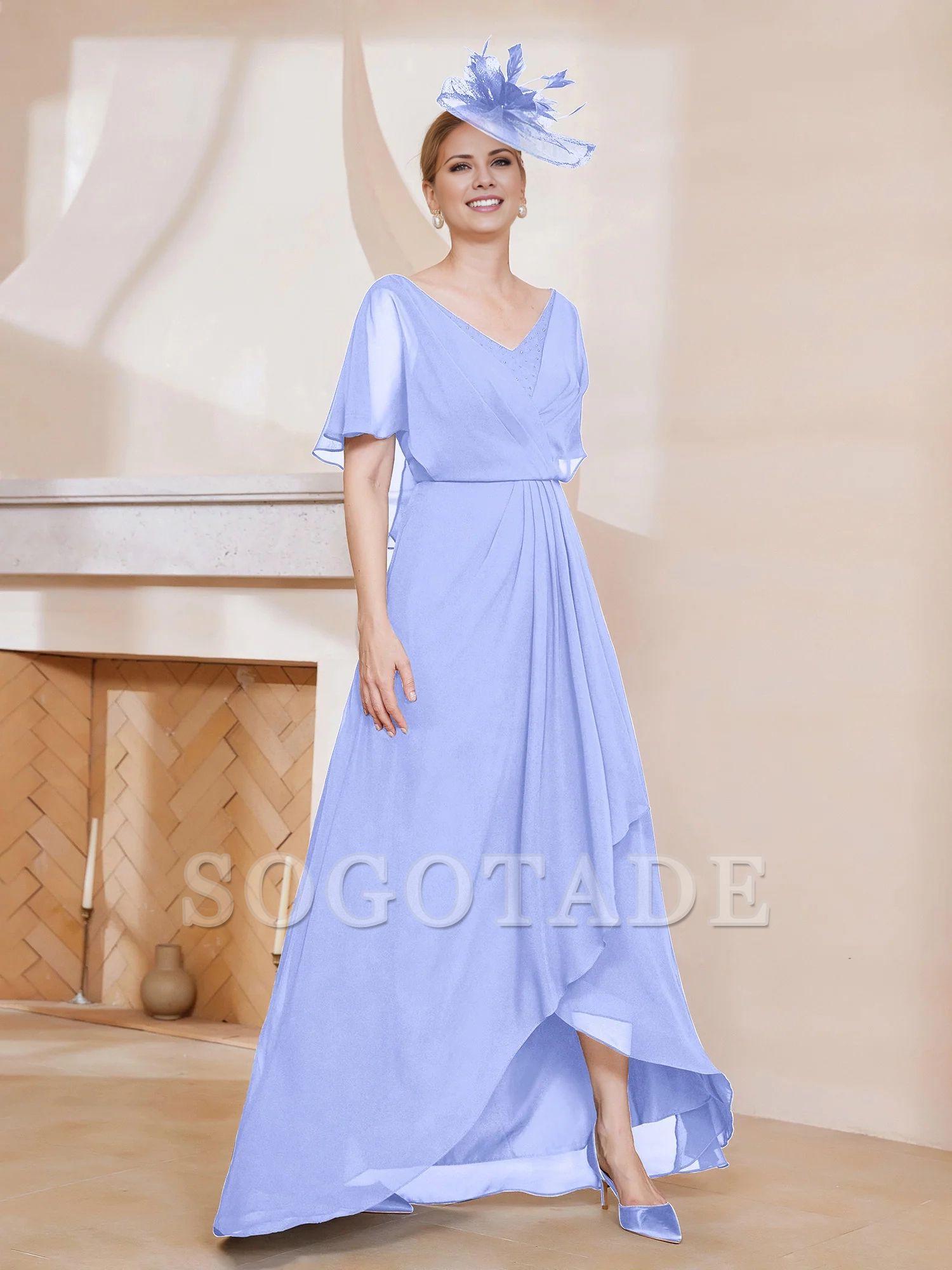 V-neck ruffle sleeves asymmetrical mother of the bride dress