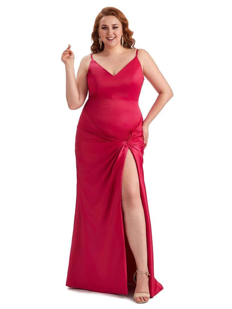 Spaghetti Straps V-neck Side Slit Mermaid Soft Satin Long Bridesmaid