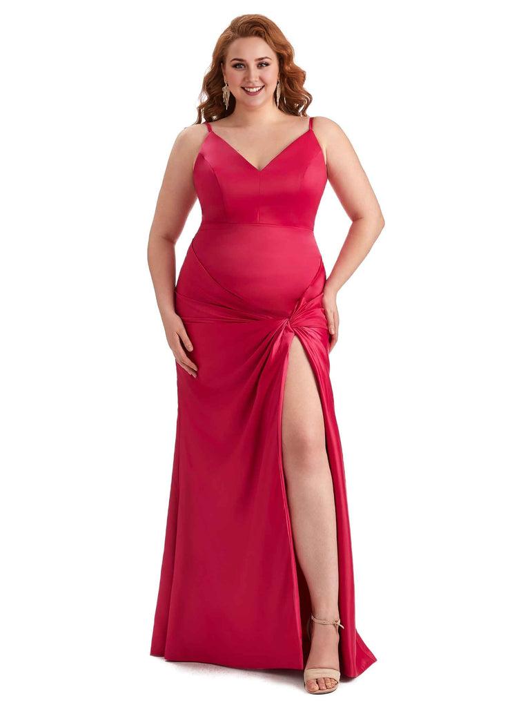 Sexy Spaghetti Straps V-neck Side Slit Mermaid Soft Satin Long Plus Size Bridesmaid Dress
