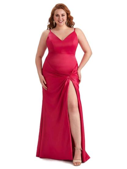 Sexy Spaghetti Straps V-neck Side Slit Mermaid Soft Satin Long Plus Size Bridesmaid Dress