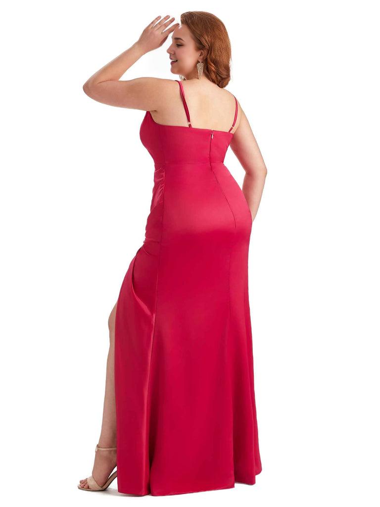 Sexy Spaghetti Straps V-neck Side Slit Mermaid Soft Satin Long Plus Size Bridesmaid Dress