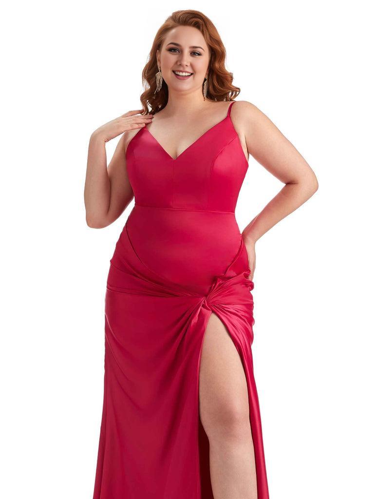 Sexy Spaghetti Straps V-neck Side Slit Mermaid Soft Satin Long Plus Size Bridesmaid Dress