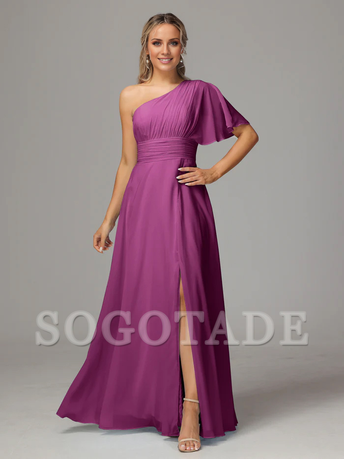 Asymmetric collar single sleeve pleated chiffon side slit and floor length bridesmaid dress
