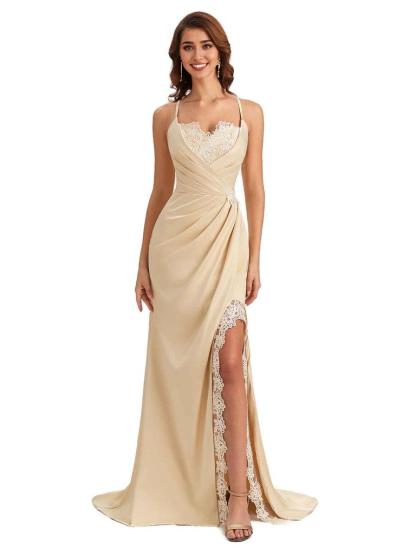 Sexy Side Slit Spaghetti Straps Lace Mermaid Silky Satin Wedding Guest Dresses