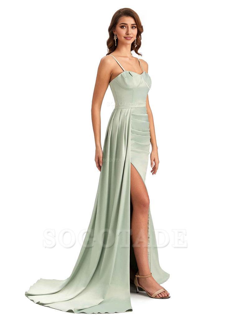 Sexy Spaghetti Straps Side Slit Mermaid Unique Long Bridesmaid Dresses In Satin