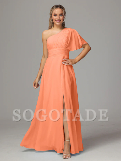 Asymmetric collar single sleeve pleated chiffon side slit and floor length bridesmaid dress