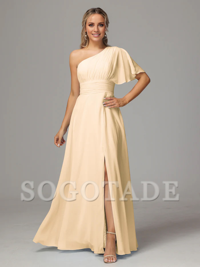 Asymmetric collar single sleeve pleated chiffon side slit and floor length bridesmaid dress
