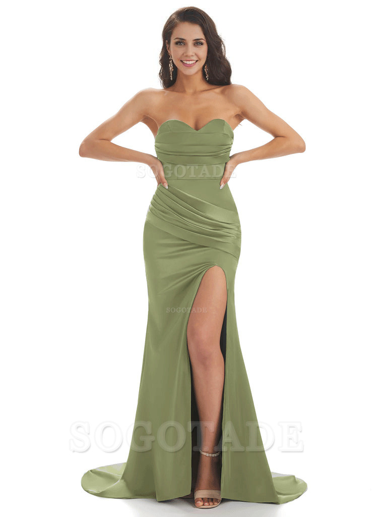 Sweetheart Strapless Mermaid Side Slit Soft Satin Long Bridesmaid Dresses Online