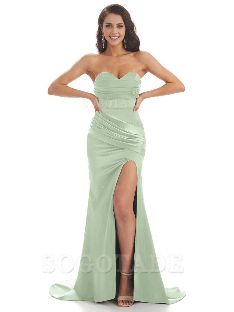 Sweetheart Strapless Mermaid Side Slit Soft Satin Long Bridesmaid Dresses Online