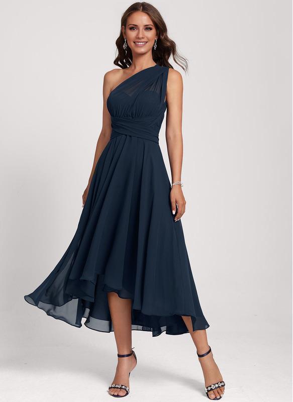 A-Line Blue Wedding Guest Dresses Convertible Infinity Mother Dress Formal Tea Length Sleeveless One Shoulder Chiffon with Ruched-SOGOTADE