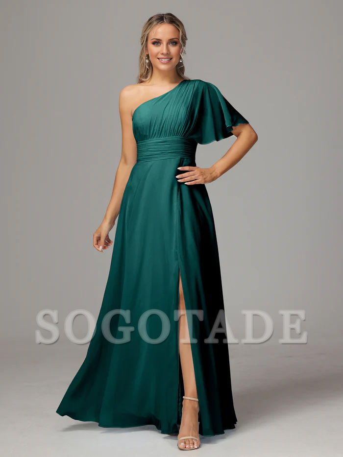 Asymmetric collar single sleeve pleated chiffon side slit and floor length bridesmaid dress
