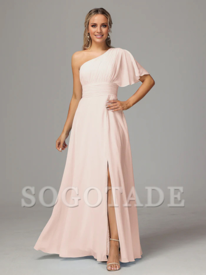 Asymmetric collar single sleeve pleated chiffon side slit and floor length bridesmaid dress