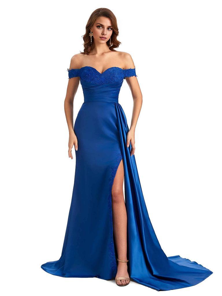 Sexy Off The Shoulder Mermaid Side Slit Silky Satin Long Bridesmaid