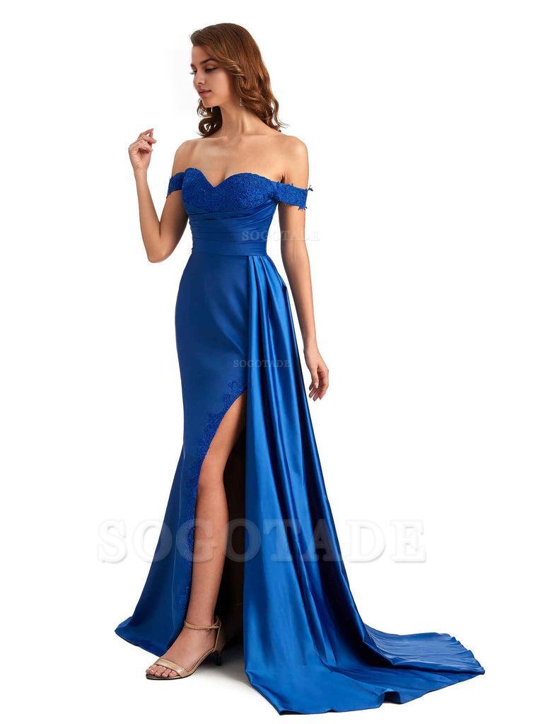 Sexy Off The Shoulder Mermaid Side Slit Silky Satin Long Bridesmaid Dress For Wedding