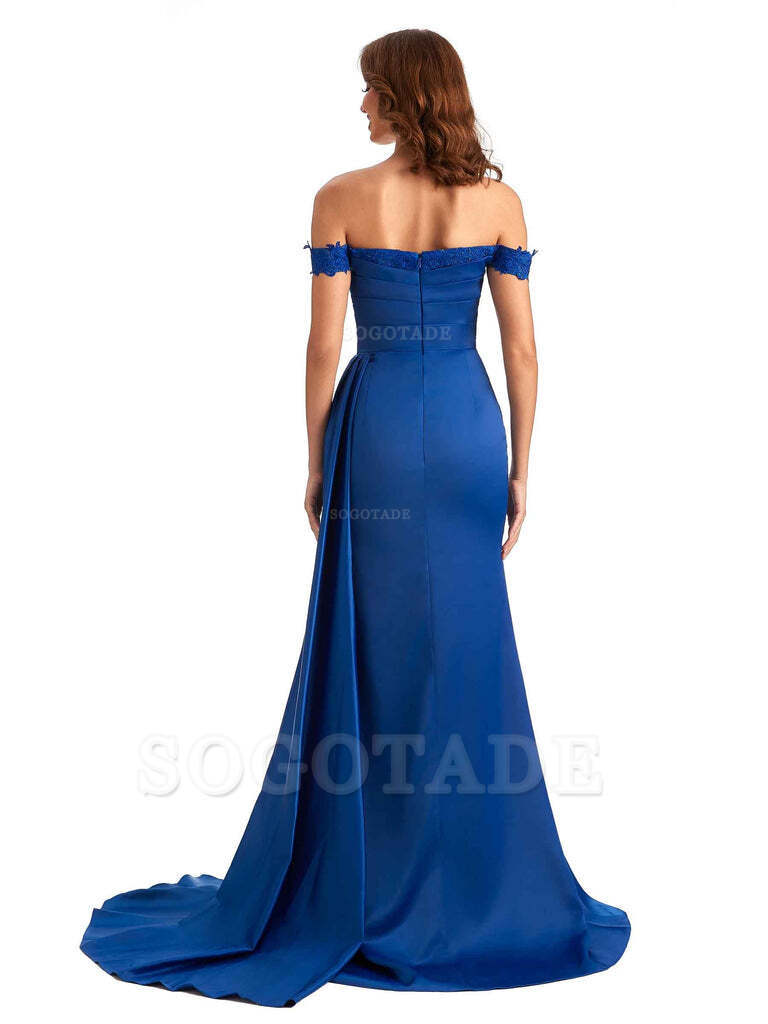 Sexy Off The Shoulder Mermaid Side Slit Silky Satin Long Bridesmaid Dress For Wedding