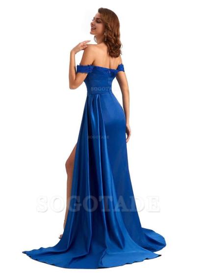 Sexy Off The Shoulder Mermaid Side Slit Silky Satin Long Bridesmaid Dress For Wedding