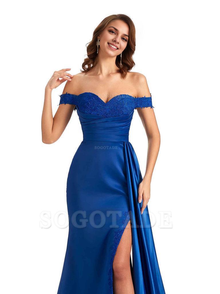 Sexy Off The Shoulder Mermaid Side Slit Silky Satin Long Bridesmaid Dress For Wedding