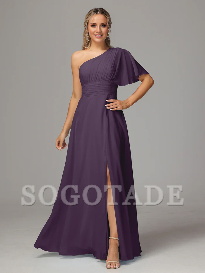 Asymmetric collar single sleeve pleated chiffon side slit and floor length bridesmaid dress