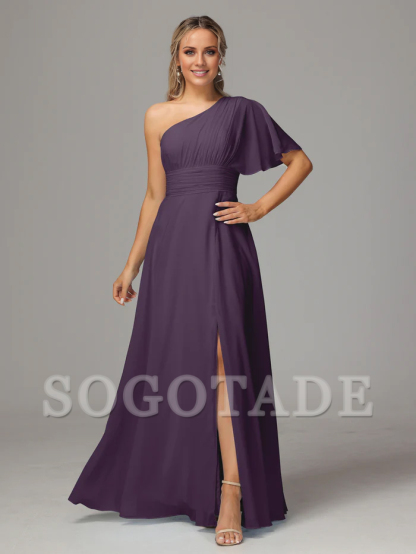 Asymmetric collar single sleeve pleated chiffon side slit and floor length bridesmaid dress