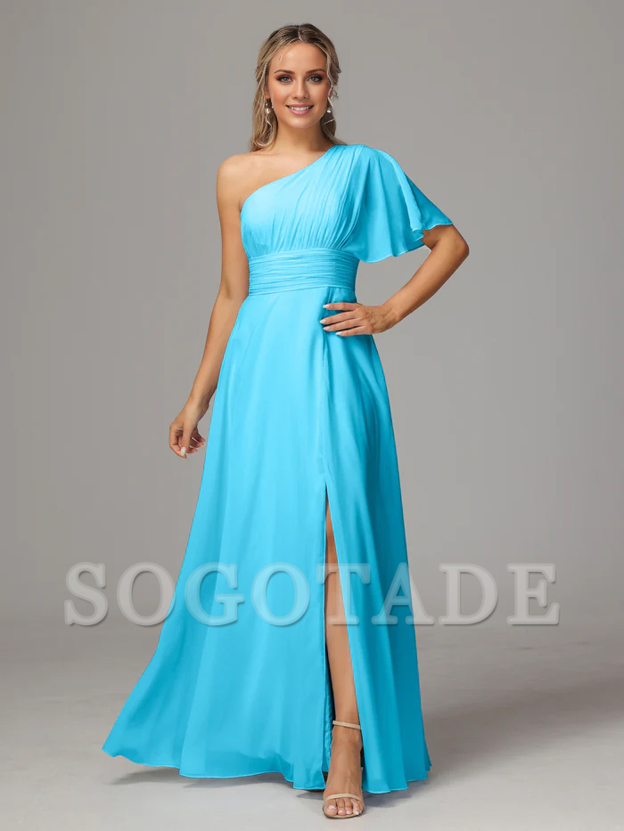 Asymmetric collar single sleeve pleated chiffon side slit and floor length bridesmaid dress