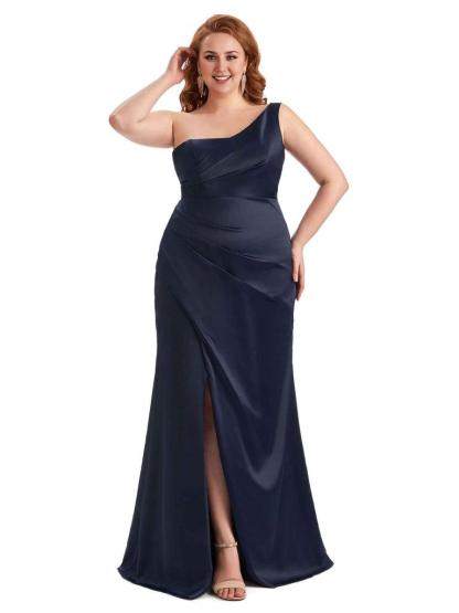 Sexy Side Slit One Shoulder Mermaid Long Plus Size Satin Maxi Dresses
