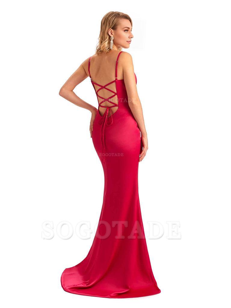  Sexy Backless Mermaid Spaghetti Straps Unique Long Formal Satin Dress For Women