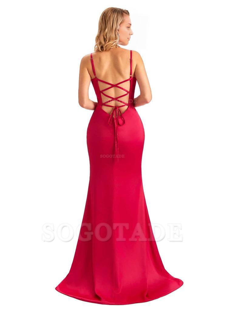  Sexy Backless Mermaid Spaghetti Straps Unique Long Formal Satin Dress For Women