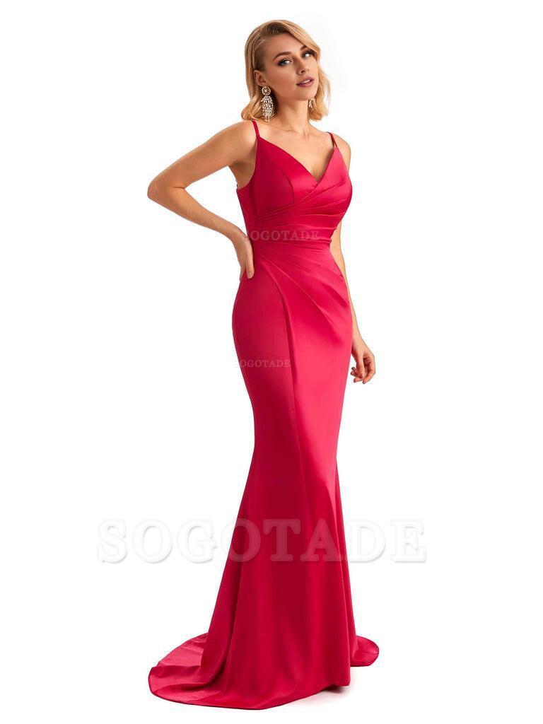  Sexy Backless Mermaid Spaghetti Straps Unique Long Formal Satin Dress For Women