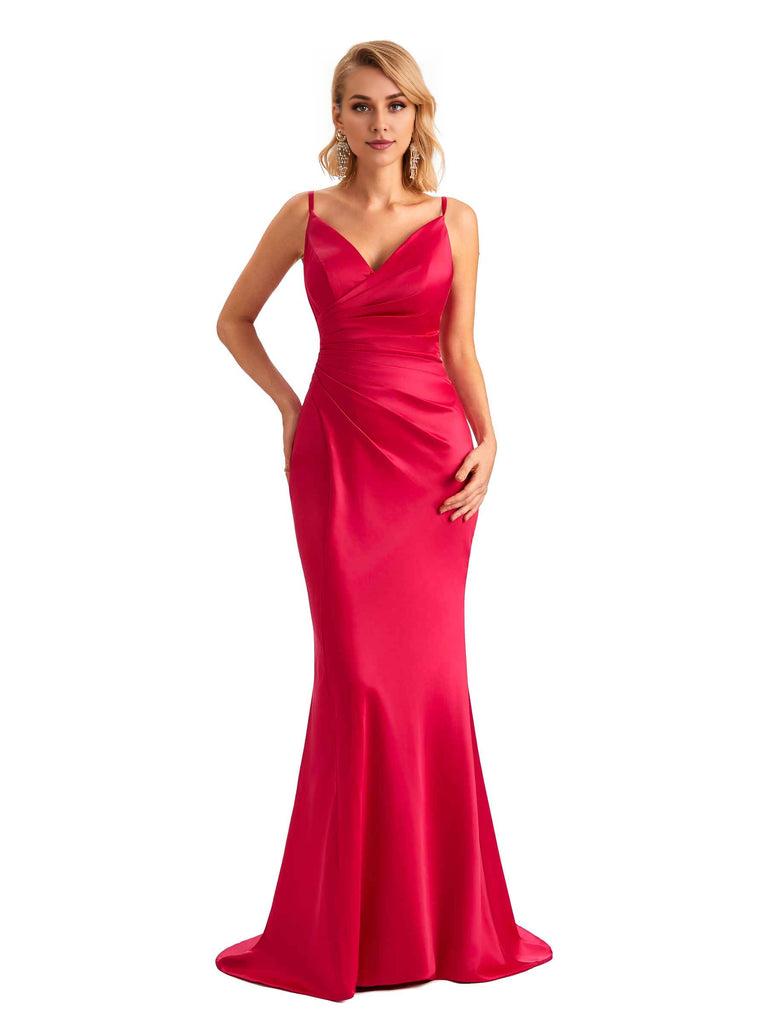  Sexy Backless Mermaid Spaghetti Straps Unique Long Formal Satin Dress For Women