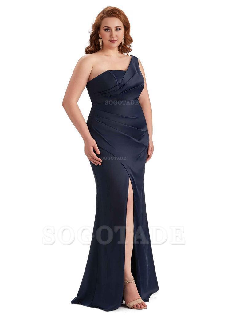 Sexy Side Slit One Shoulder Mermaid Long Plus Size Satin Maxi Dresses