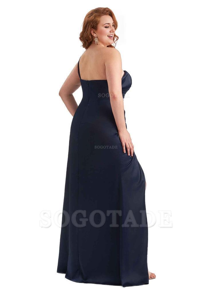 Sexy Side Slit One Shoulder Mermaid Long Plus Size Satin Maxi Dresses