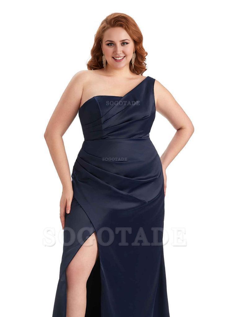Sexy Side Slit One Shoulder Mermaid Long Plus Size Satin Maxi Dresses