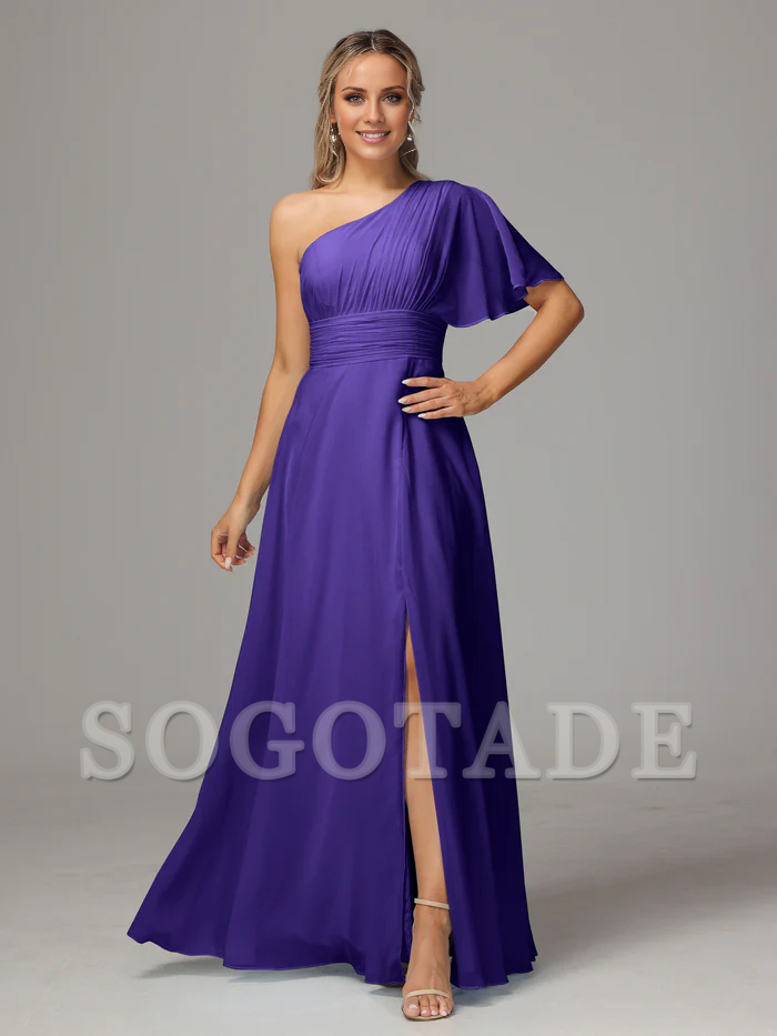 Asymmetric collar single sleeve pleated chiffon side slit and floor length bridesmaid dress