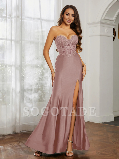 Rhinestone decal slit fish tail dress