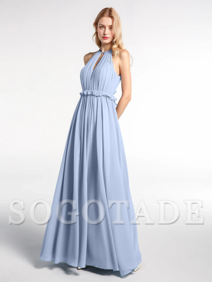 Keyhole collar backless chiffon long dress