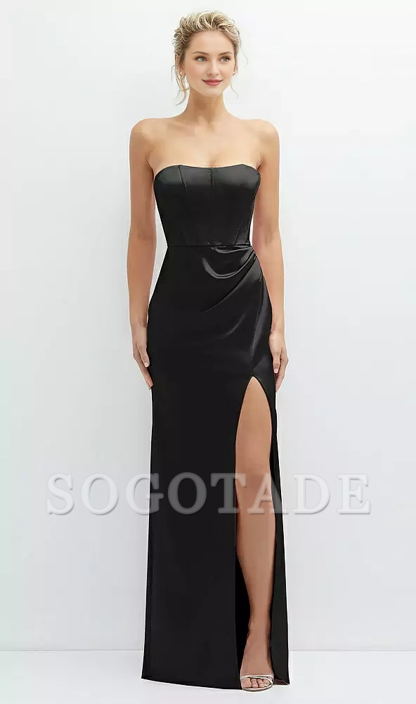 Strapless open seam tight corset satin Prom dress