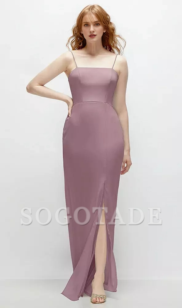 Front slit back strap hollow horn and floor length Prom dress