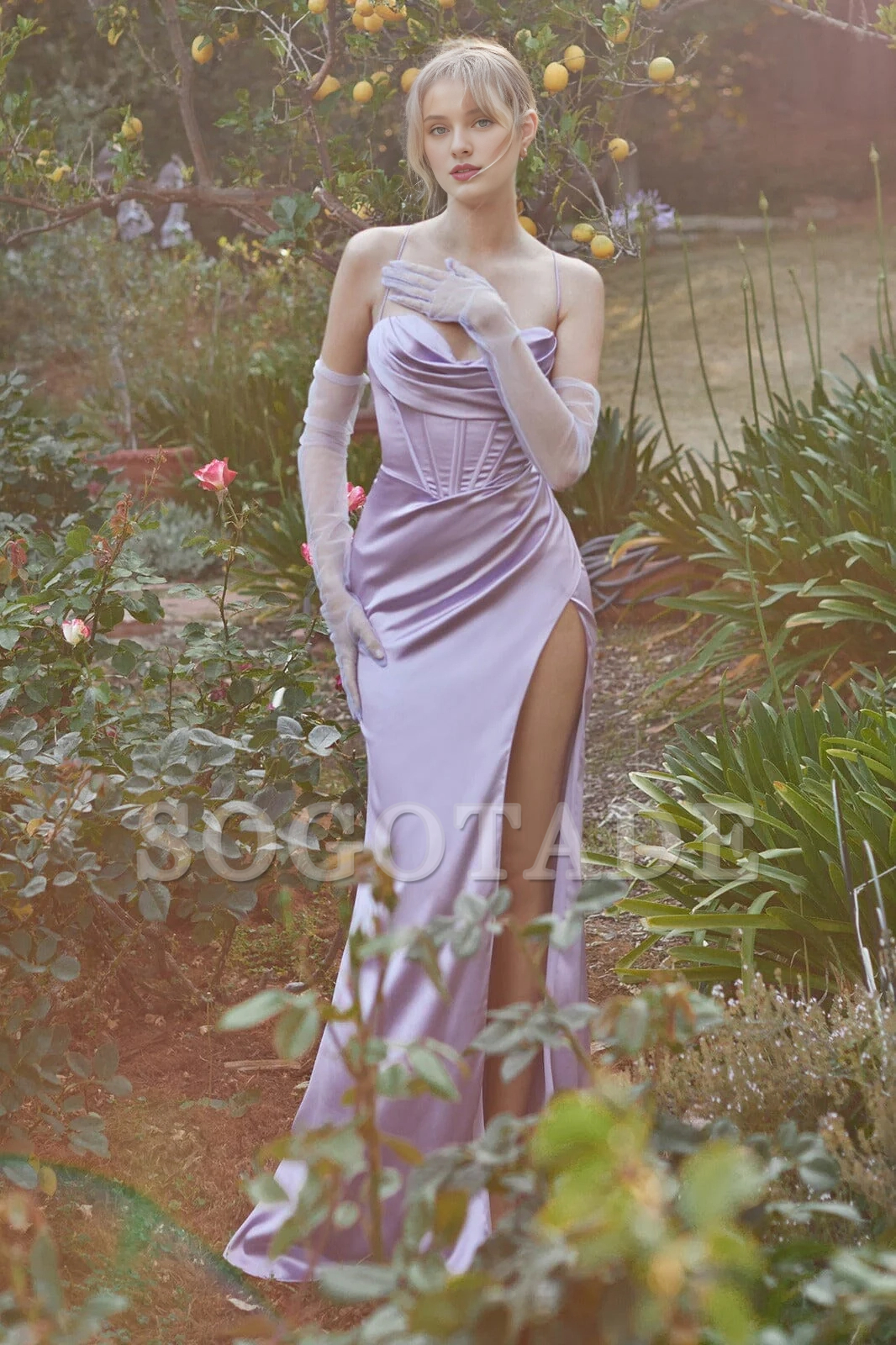 Long sleeveless high neck satin dress