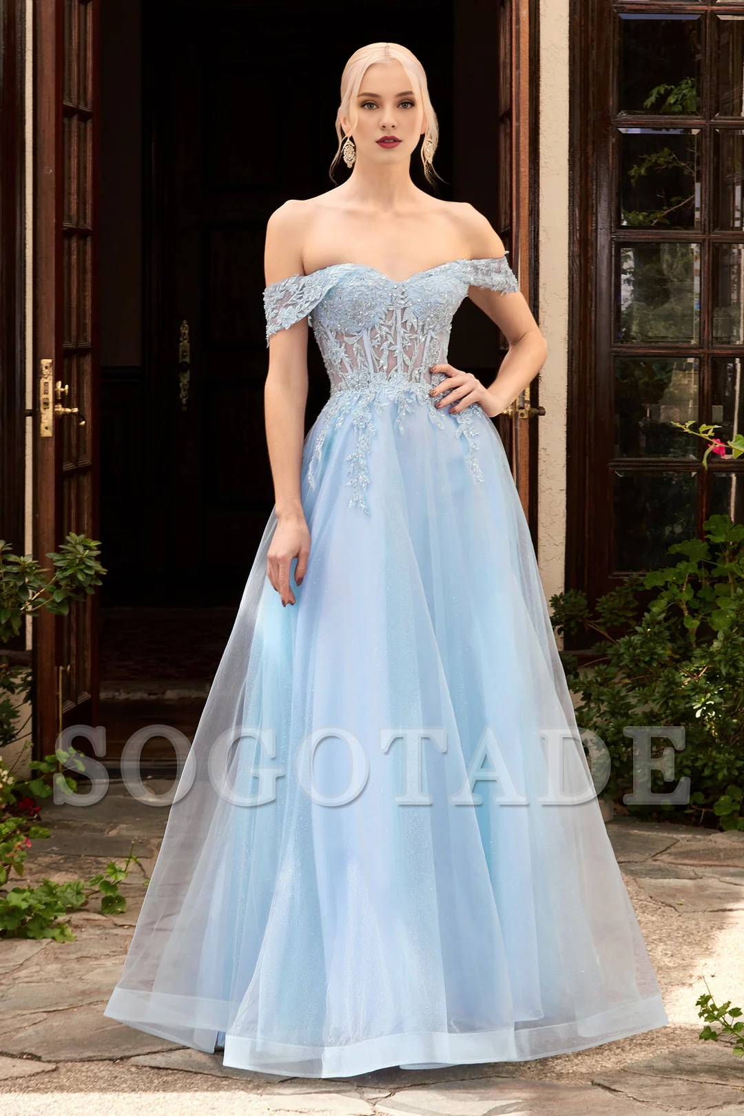 Lace applique short sleeved long off shoulder dress