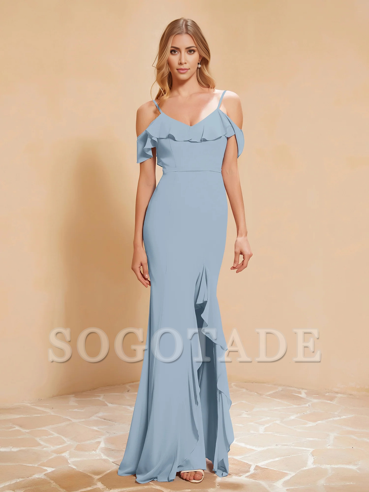 Ruffle V-neck floating sleeve fishtail chiffon dress