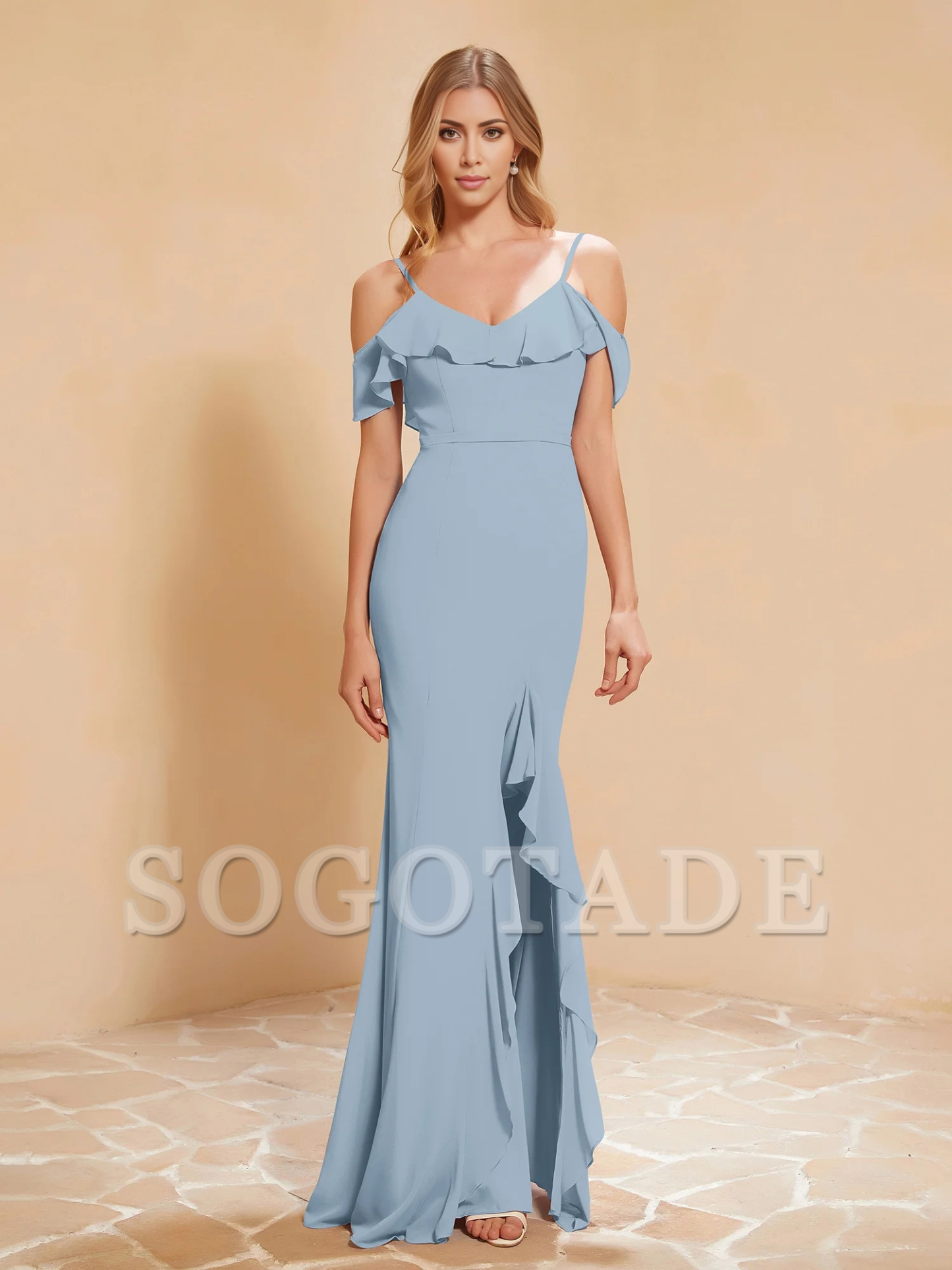 Ruffle V-neck floating sleeve fishtail chiffon dress