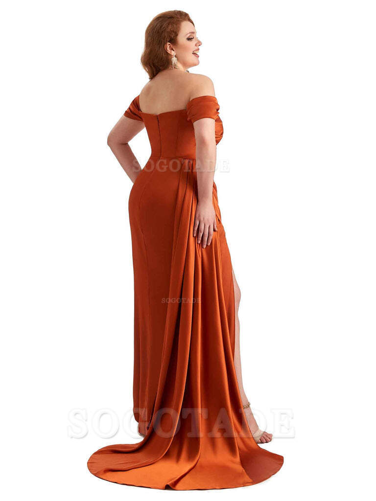  Sexy Side Slit Off The Shoulder Mermaid Soft Satin Long Plus Size Bridesmaid Dress For Wedding